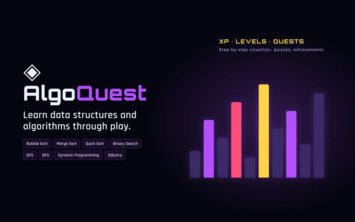 AlgoQuest logo, "Learn data structures and algorithms through play", beside decorative sorting bars