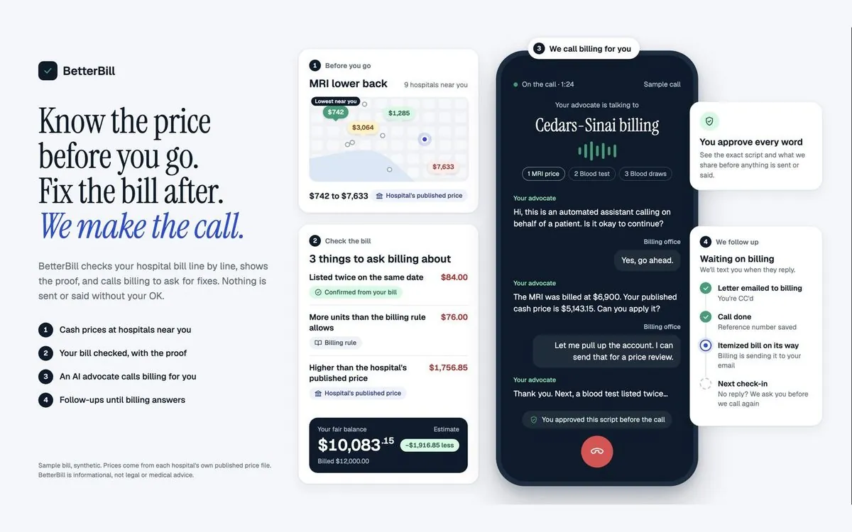 BetterBill: "Know the price before you go. Fix the bill after. We make the call." beside its price, bill-check and billing-call screens (sample bill, synthetic)