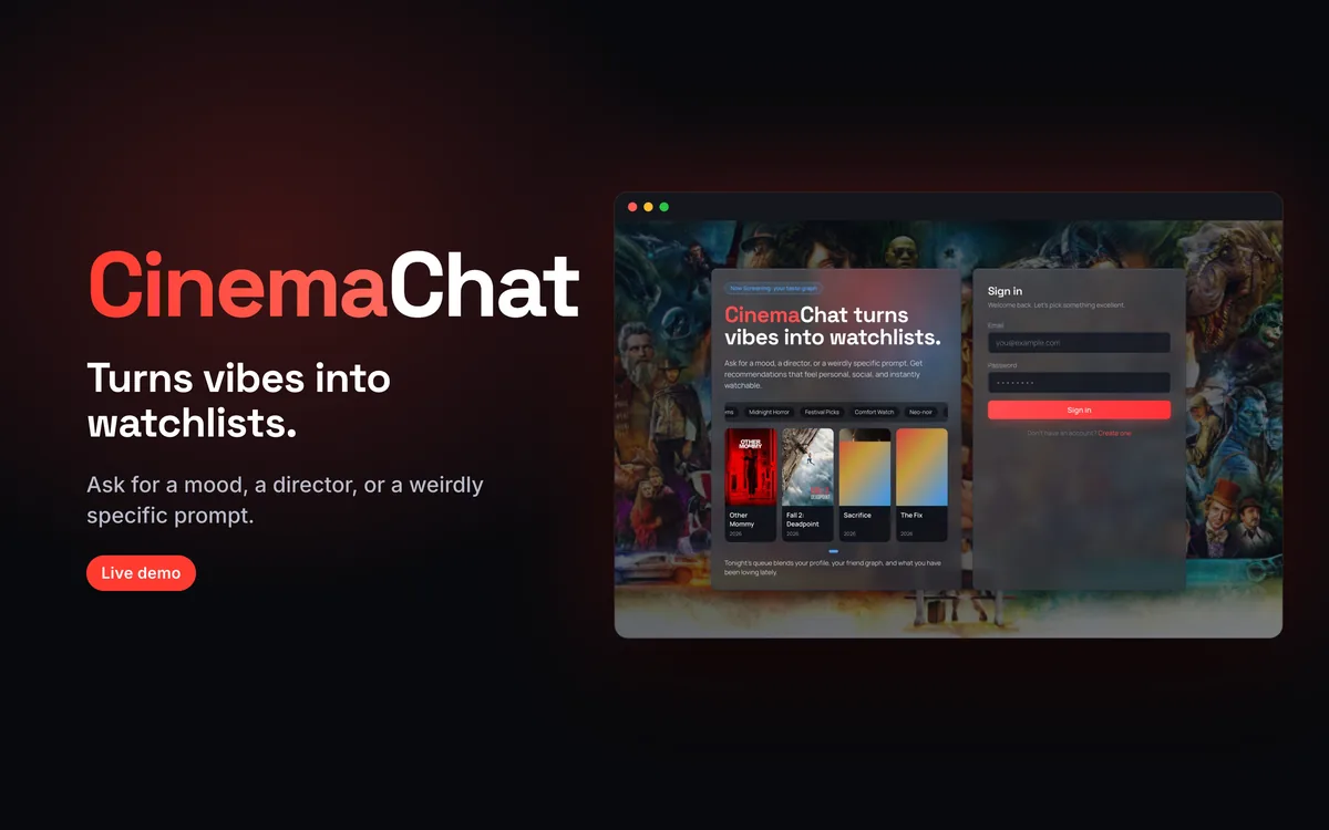 CinemaChat wordmark, "Turns vibes into watchlists.", beside its landing page with a row of movie posters