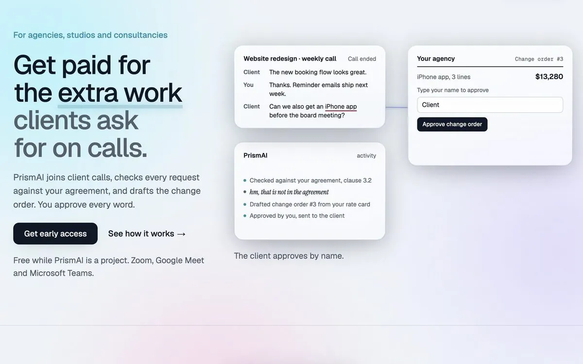 PrismAI agency release: a client asks for an iPhone app on a weekly call, PrismAI checks it against clause 3.2 of the agreement and drafts change order #3 for approval