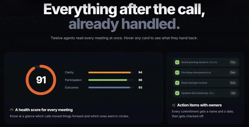 PrismAI after the call: a health score with clarity, participation and outcomes, and action items with owners checked off