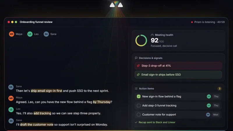 PrismAI live-meeting view with highlighted commitments, a meeting health score, decisions and action items with owners