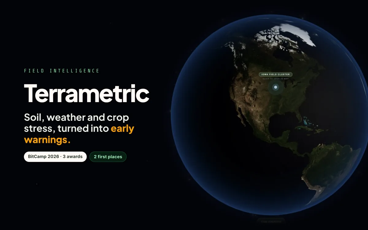 Terrametric wordmark, "Soil, weather and crop stress, turned into early warnings", beside a globe marking an Iowa field cluster