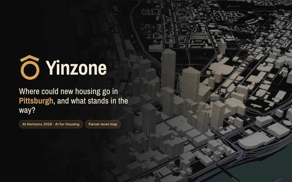 Yinzone logo over a 3D street-scale map of Pittsburgh: "Where could new housing go in Pittsburgh, and what stands in the way?"
